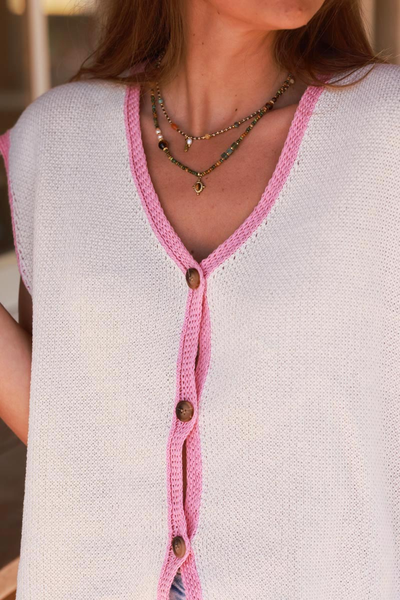 Off white Button Down Knit Vest with Pink Trim