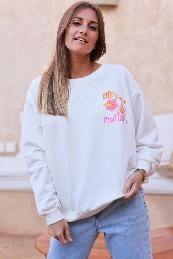 Off white “Enjoy Every Moment” Hibiscus Sweater
