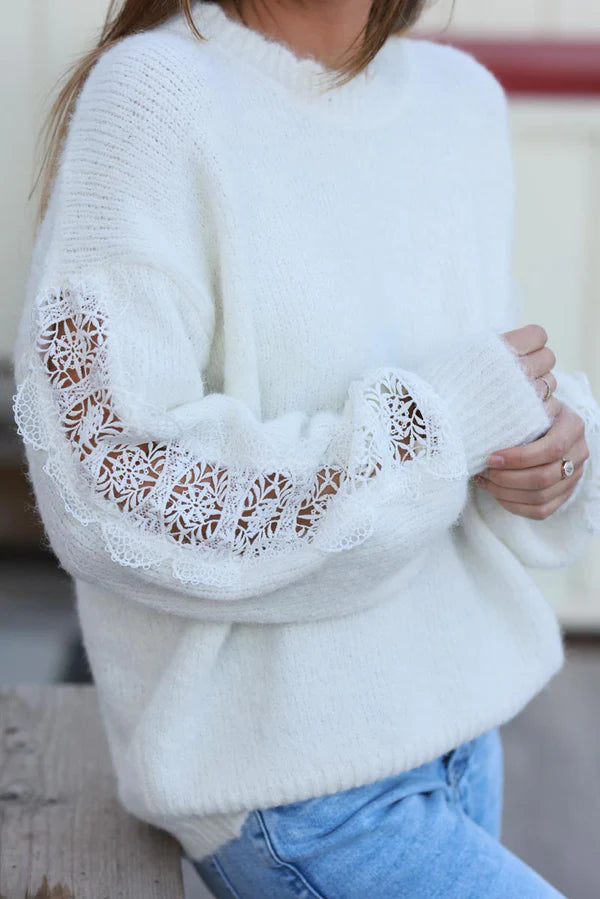 Off White Lace Sleeve Knit Sweater