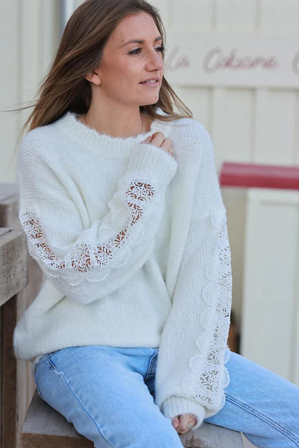 Off White Lace Sleeve Knit Sweater