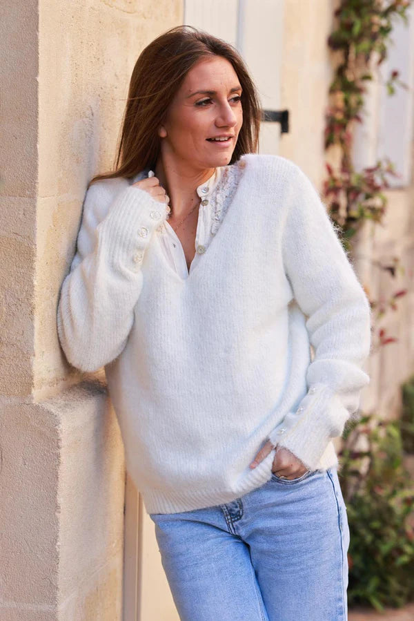 Off White Soft Knit V-Neck Sweater with Button Cuff