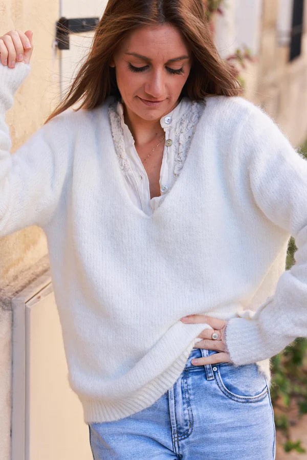 Off White Soft Knit V-Neck Sweater with Button Cuff