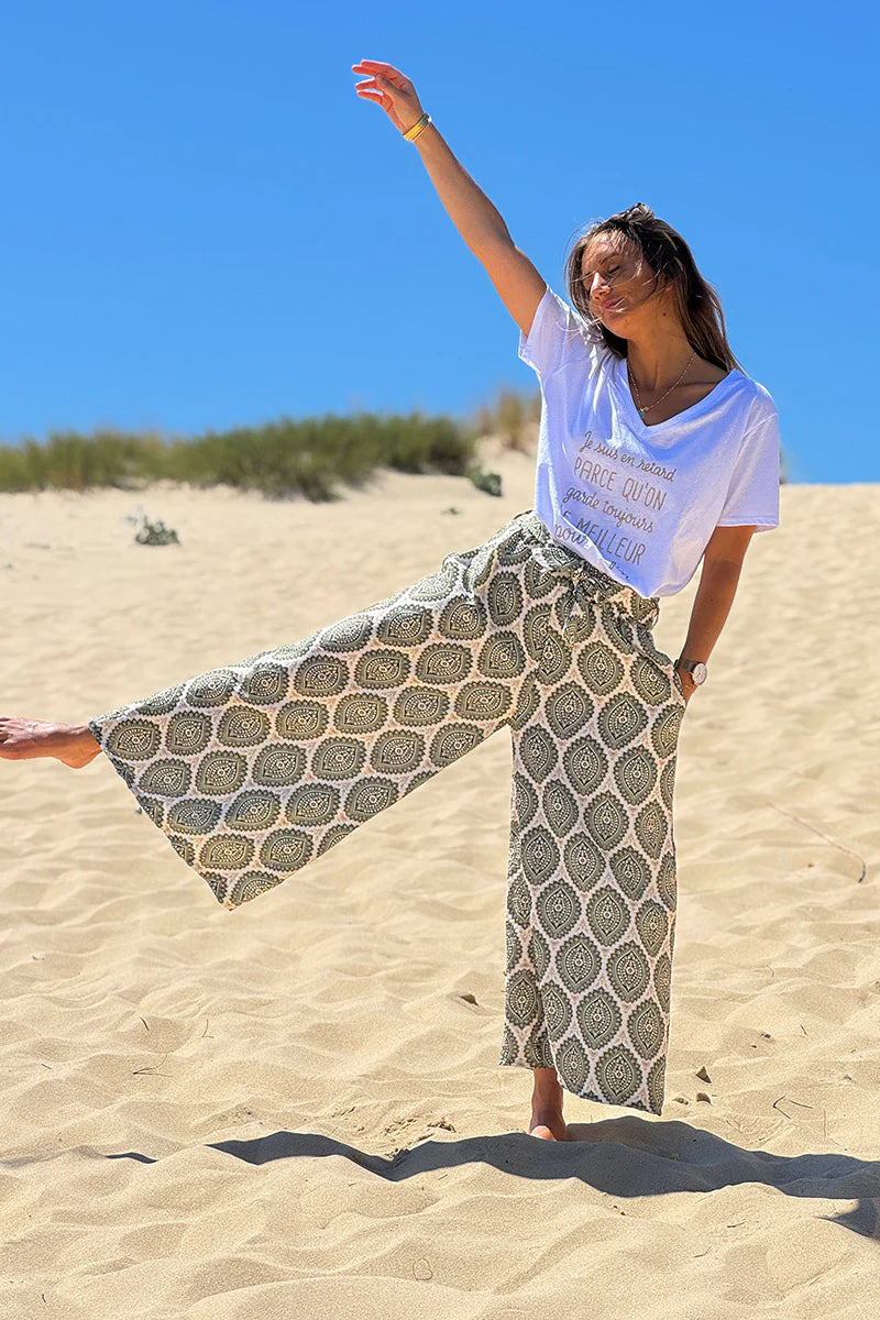 Olive Batik Medallions Belted Pull-On Pants
