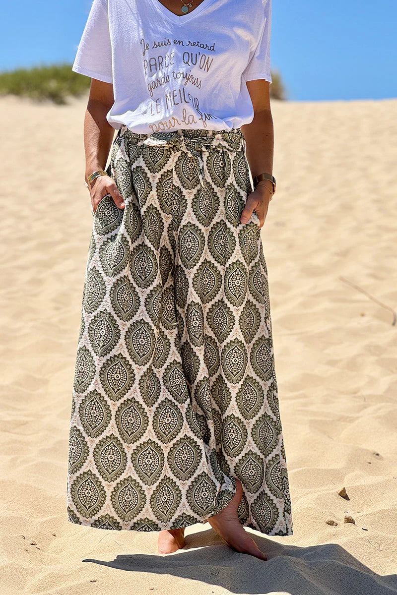 Olive Batik Medallions Belted Pull-On Pants