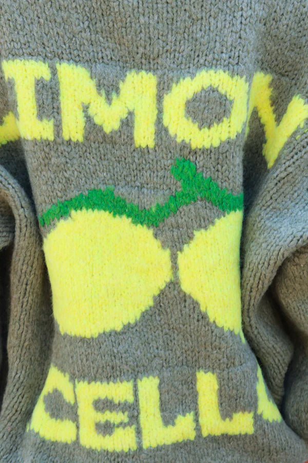 Olive Chunky Knit Cardigan with Lemon 'limoncello' back pattern