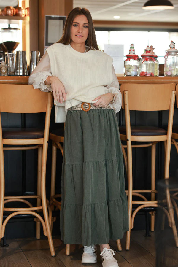 Olive Corduroy Tiered Skirt with Belt