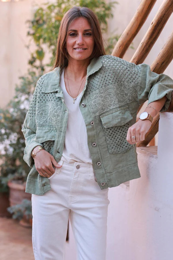 Olive Embroidered Crochet Linen Jean Jacket