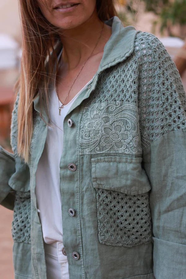 Olive Embroidered Crochet Linen Jean Jacket
