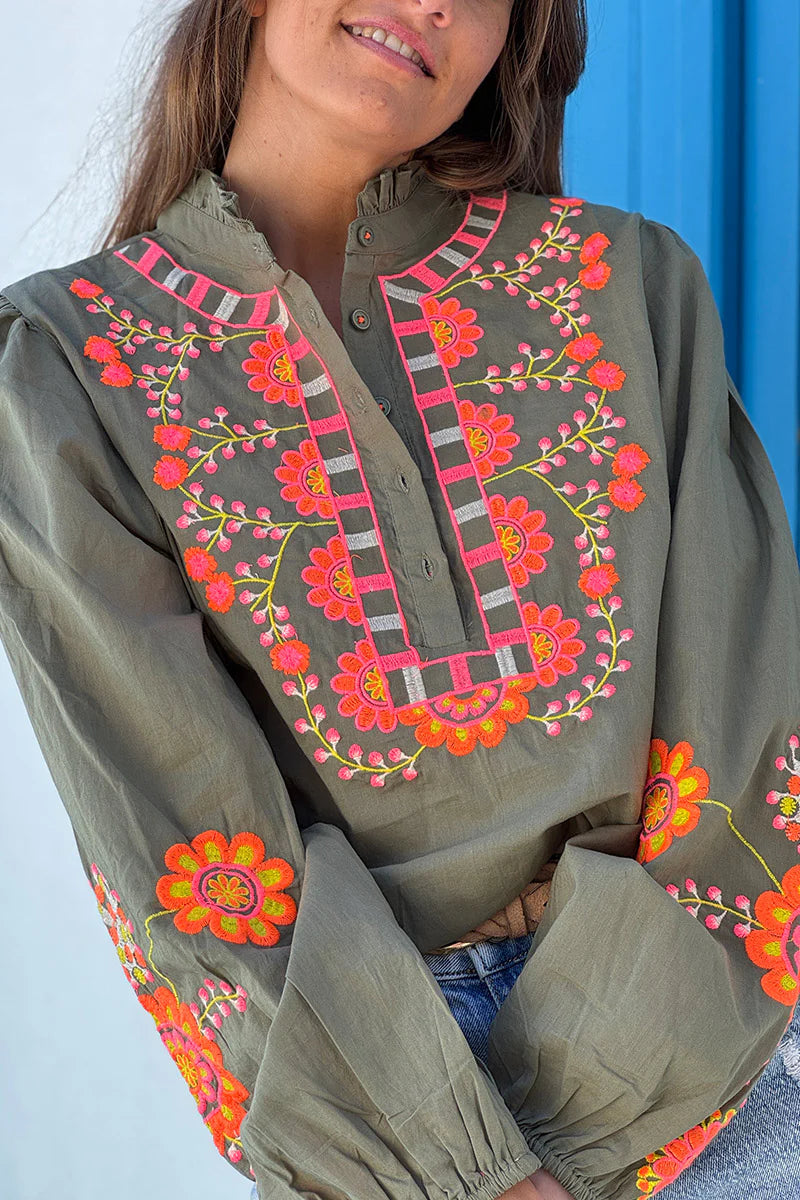 Olive Embroidered Half Placket Boho Blouse