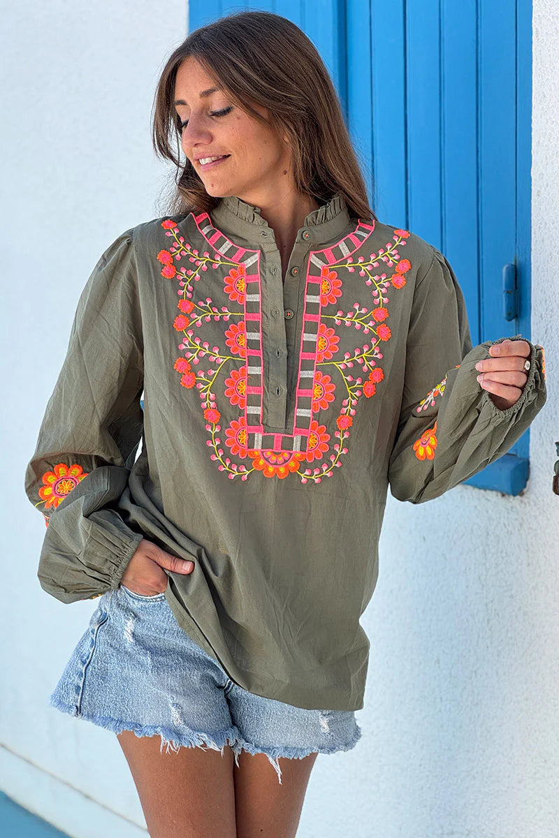 Olive Embroidered Half Placket Boho Blouse