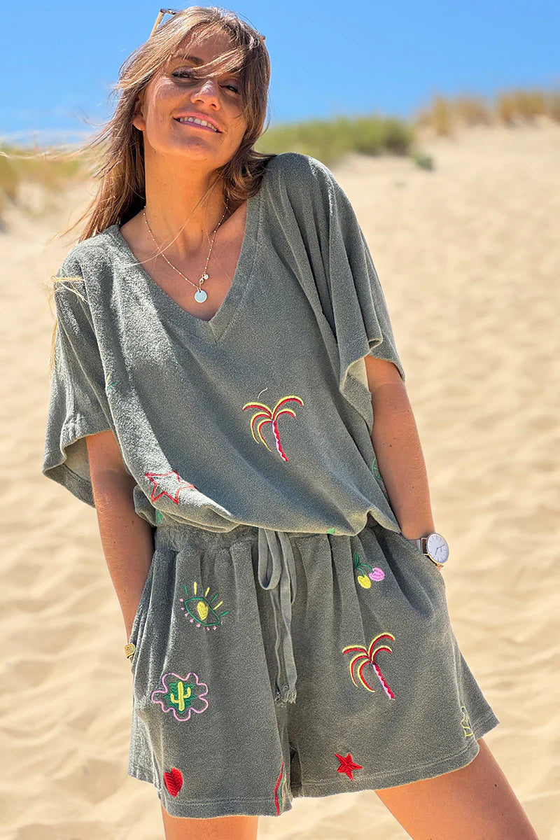 Olive Embroidered Terry Pull-On Shorts