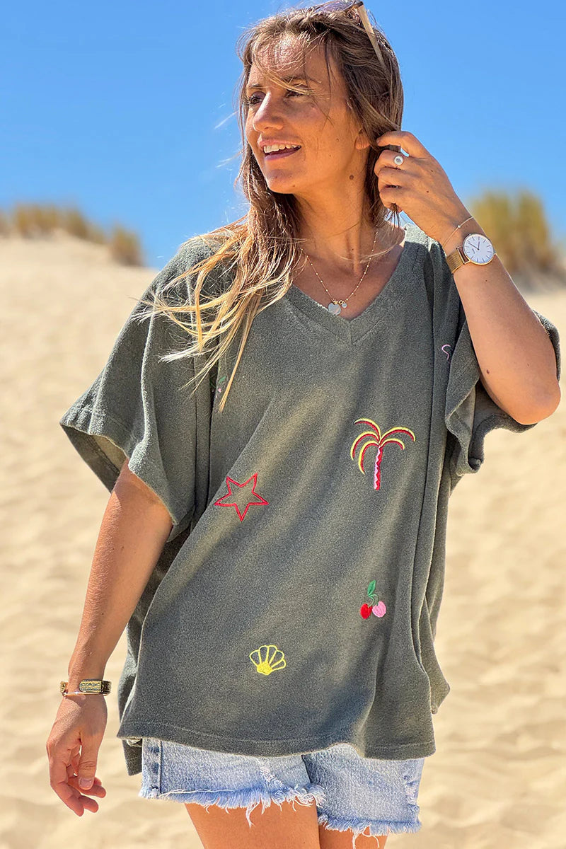 Olive Embroidered Terry V-Neck Top
