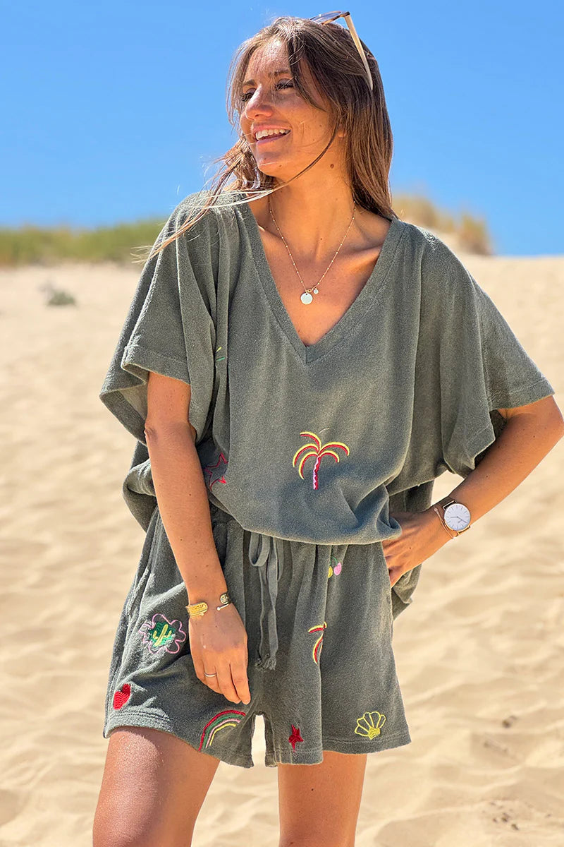 Olive Embroidered Terry V-Neck Top