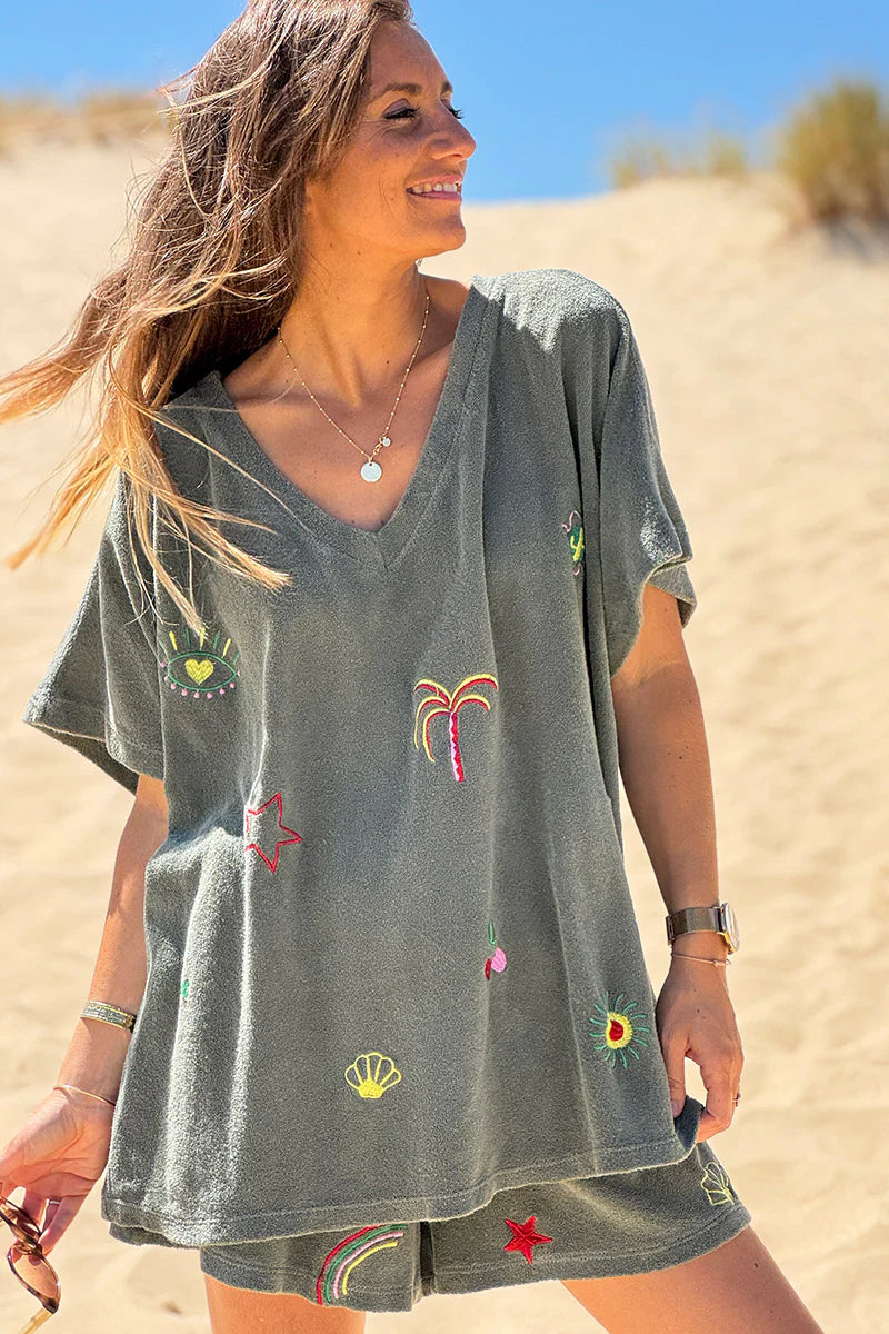 Olive Embroidered Terry V-Neck Top