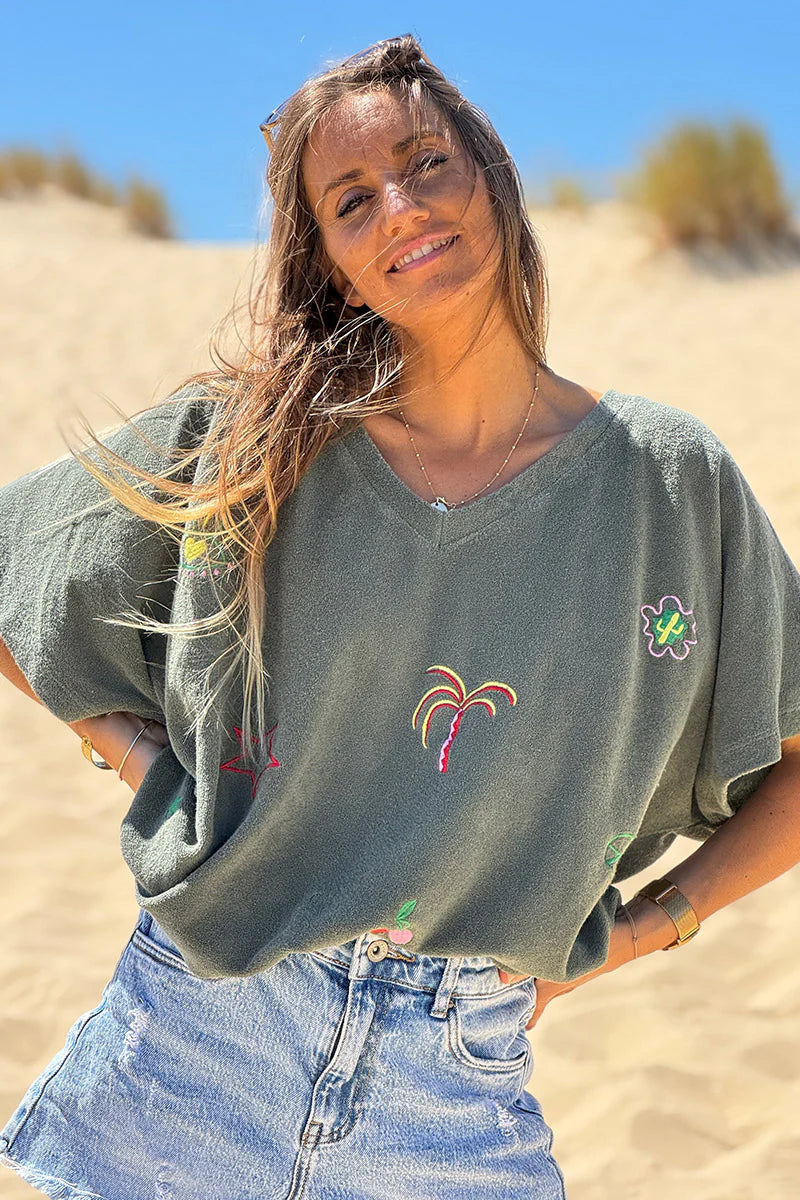 Olive Embroidered Terry V-Neck Top