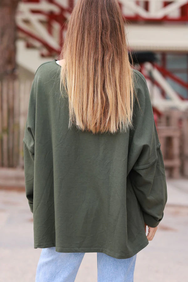 Olive Exposed Seam Long-Sleeve Tee