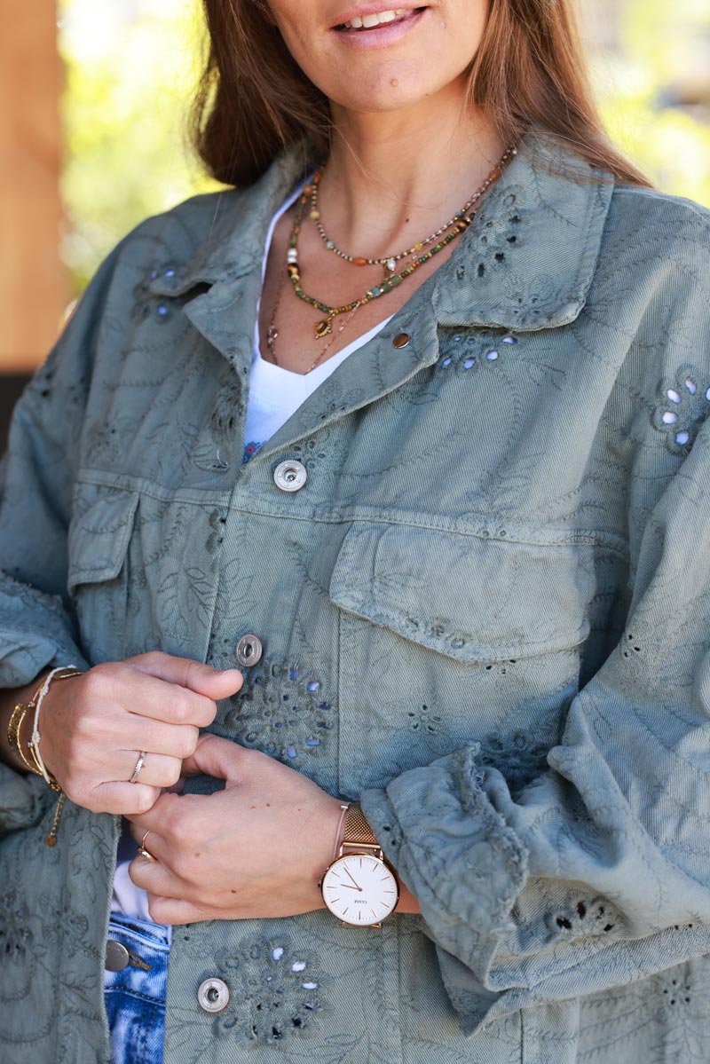 Olive Eyelet Motif Utility Jacket