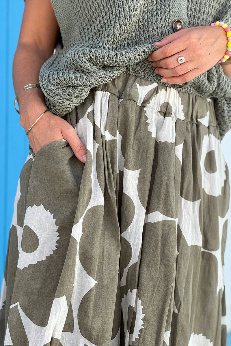 Olive Floral Maxi Skirt with Pockets
