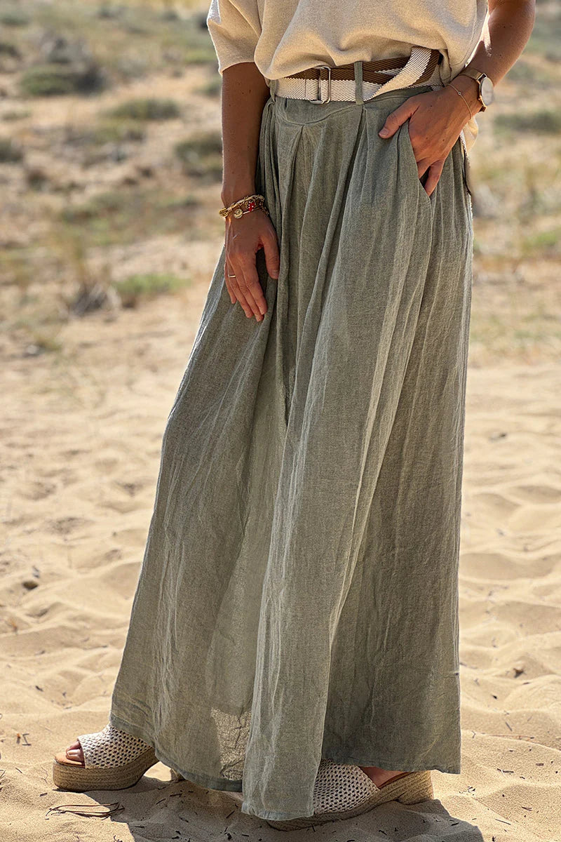 Olive Gauze Belted Ultra Wide-Leg Pants