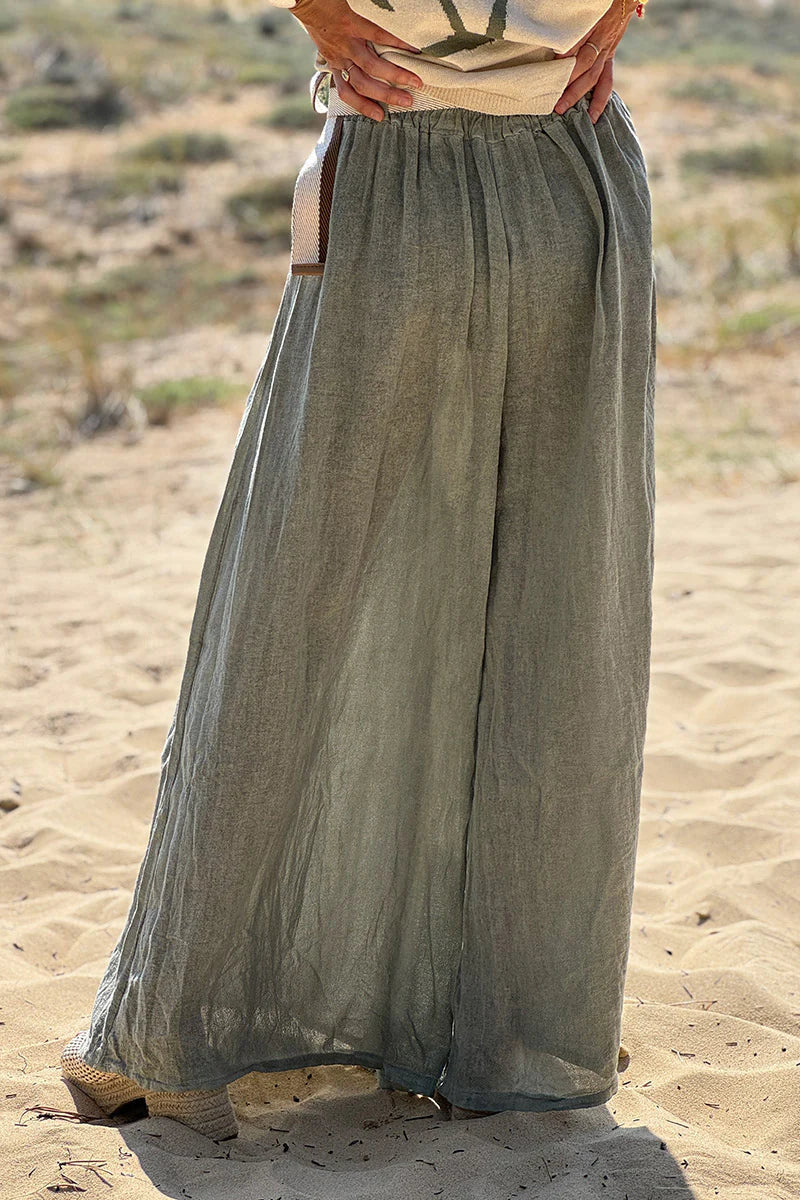 Olive Gauze Belted Ultra Wide-Leg Pants