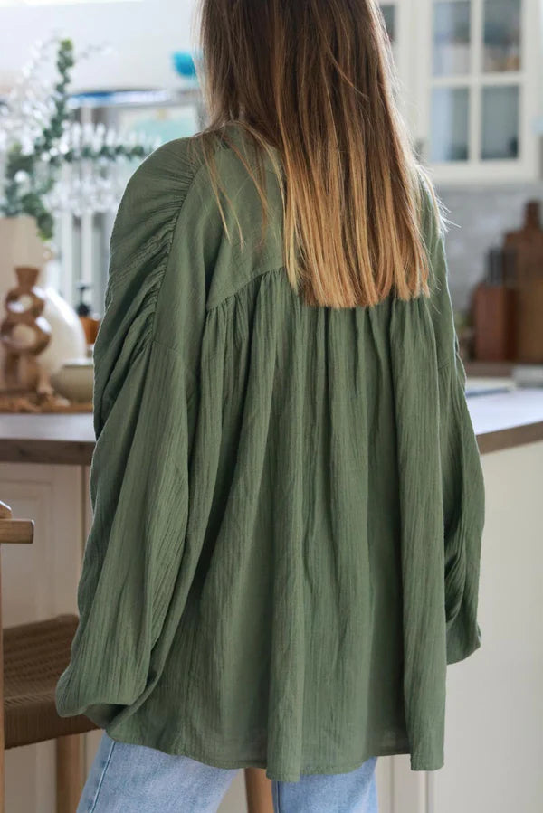 Olive Gauze Ruffle Front Blouse