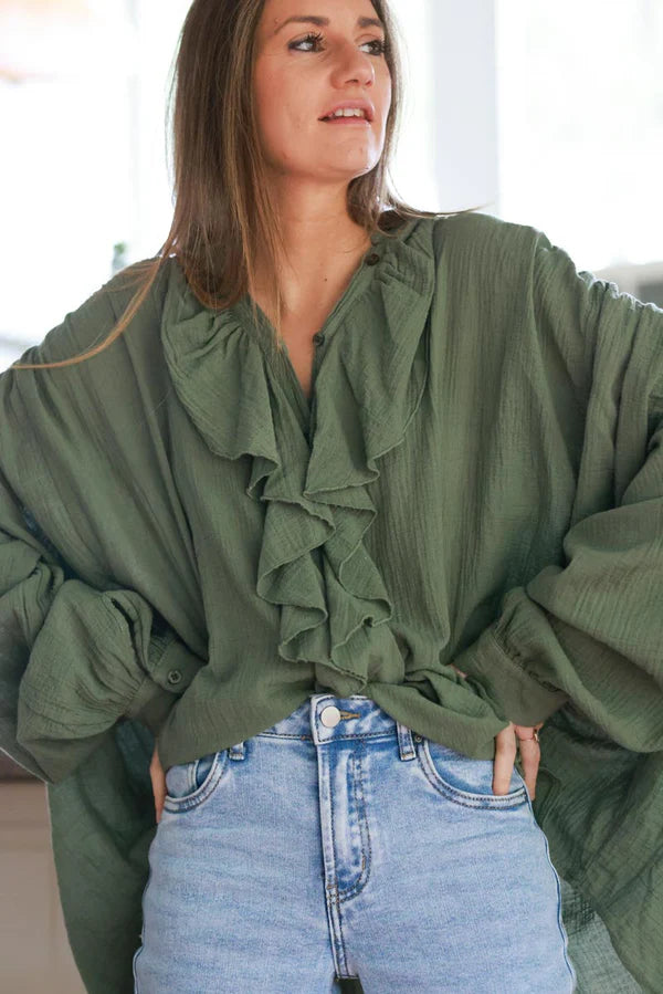 Olive Gauze Ruffle Front Blouse