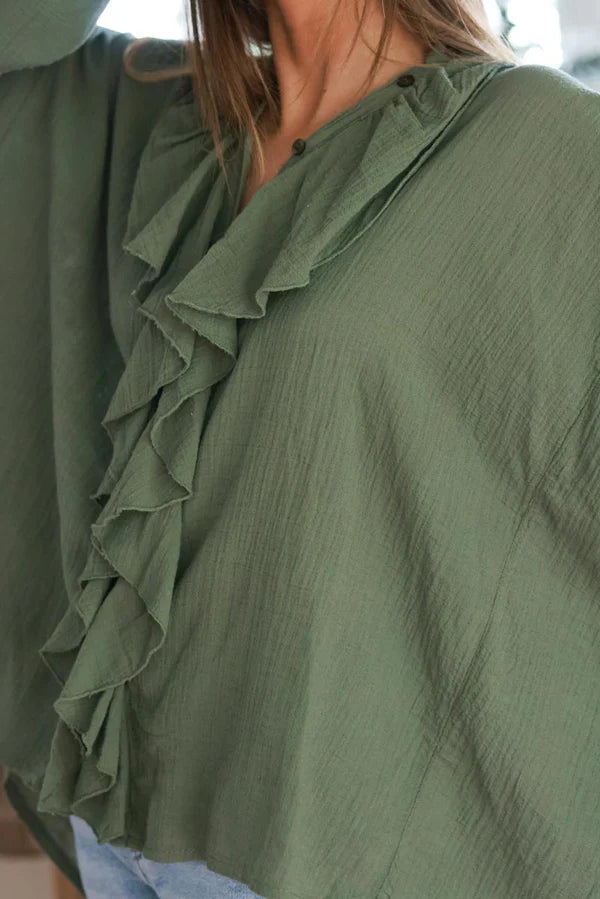 Olive Gauze Ruffle Front Blouse