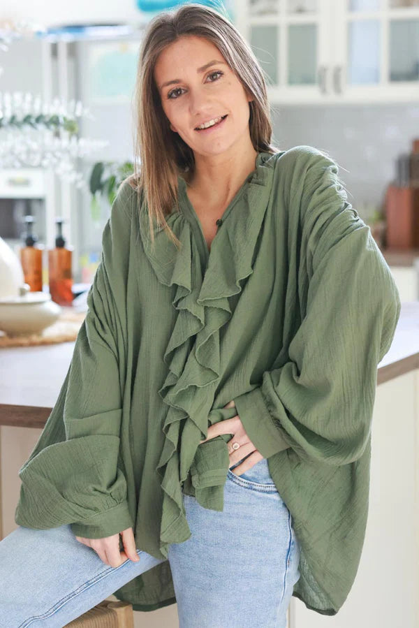 Olive Gauze Ruffle Front Blouse