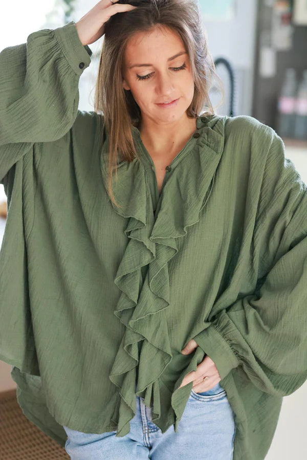 Olive Gauze Ruffle Front Blouse