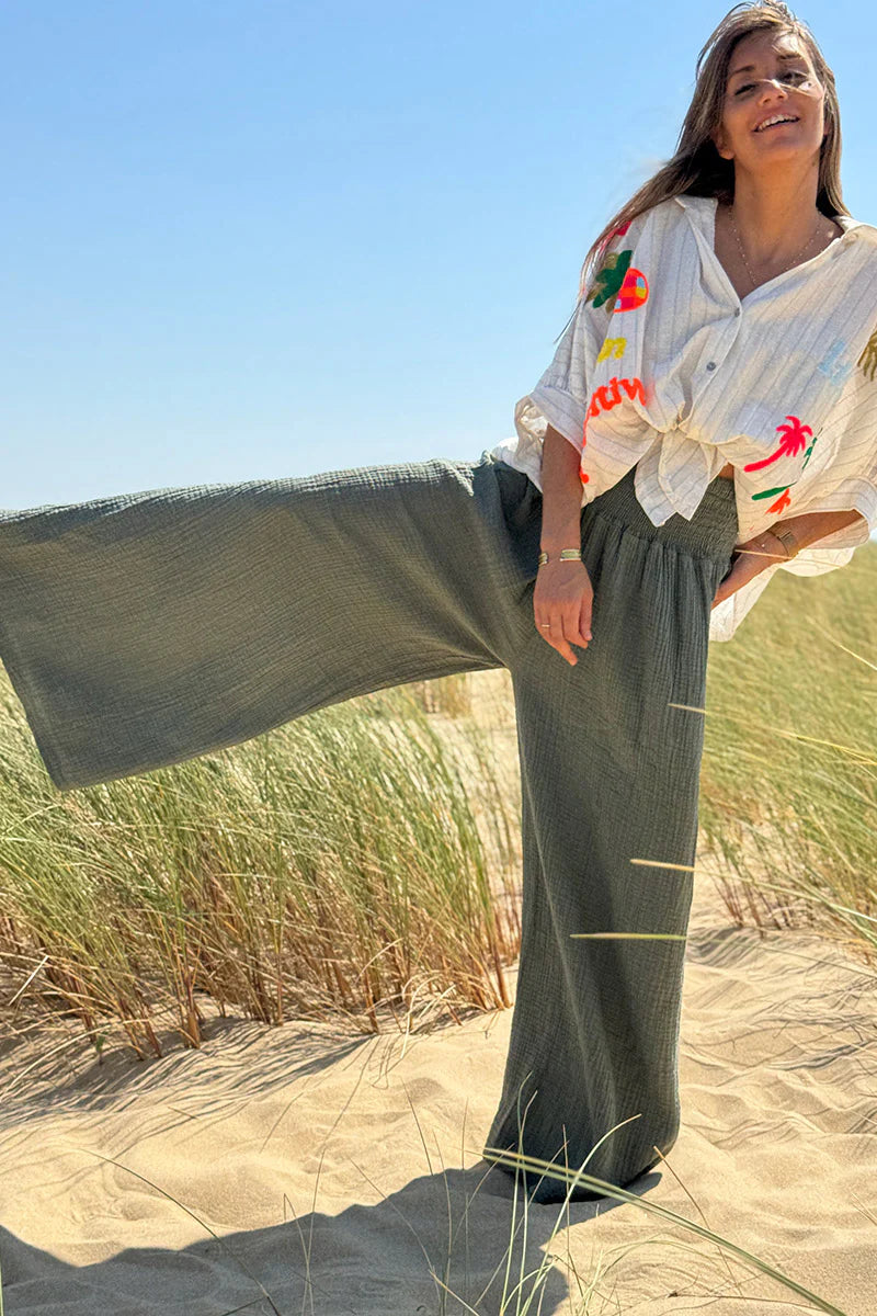 Olive Gauze Wide-Leg Pants