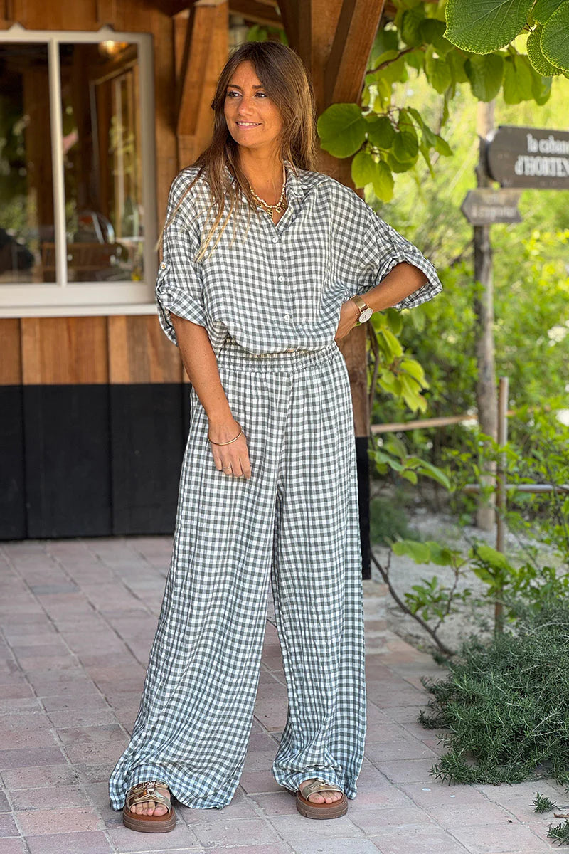 Olive Gingham Wide Leg Pants