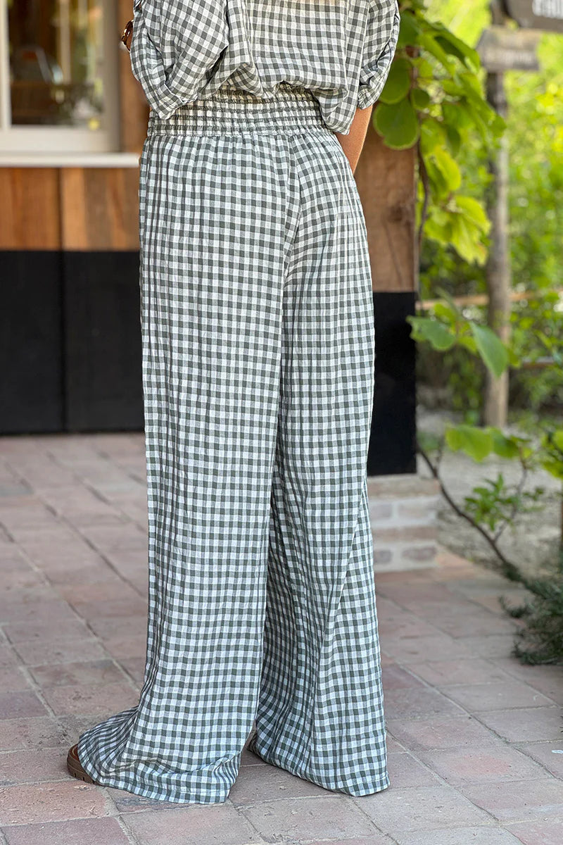 Olive Gingham Wide Leg Pants
