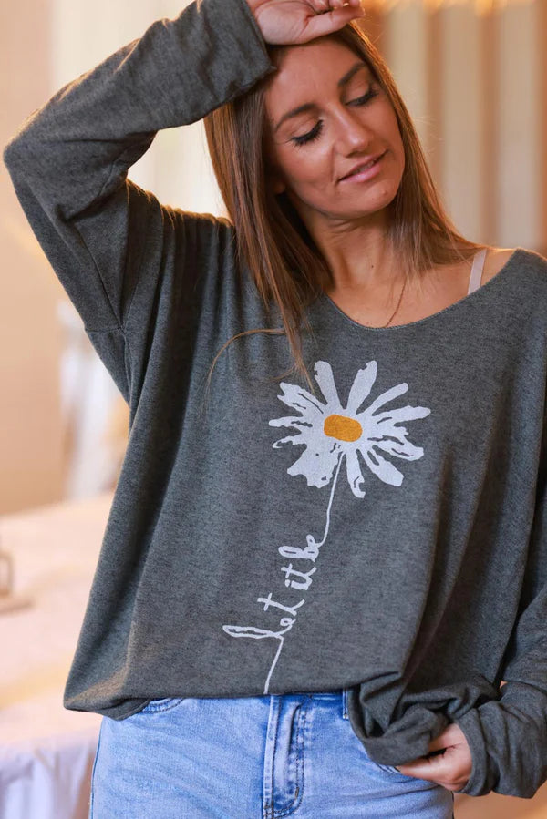 Olive “Let it Be” Daisy Long-Sleeve Knit Top