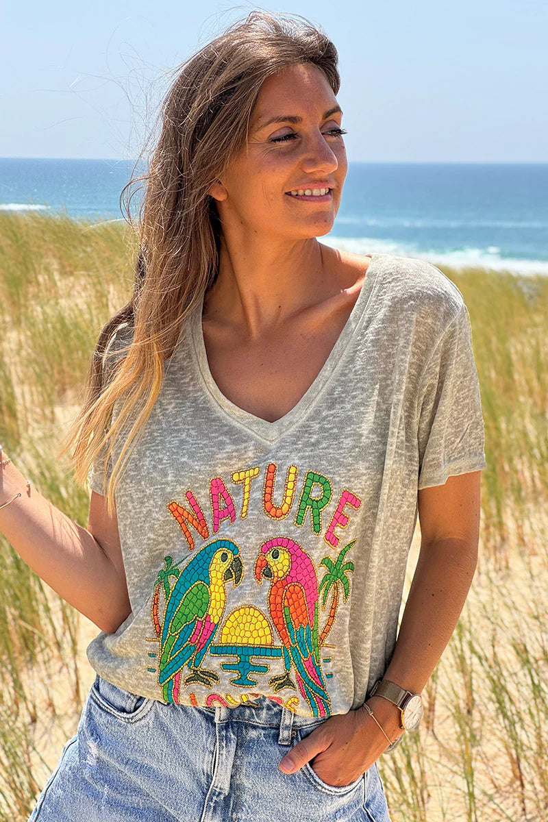 Olive Nature Lovers Parrot Print Slub Knit Tee