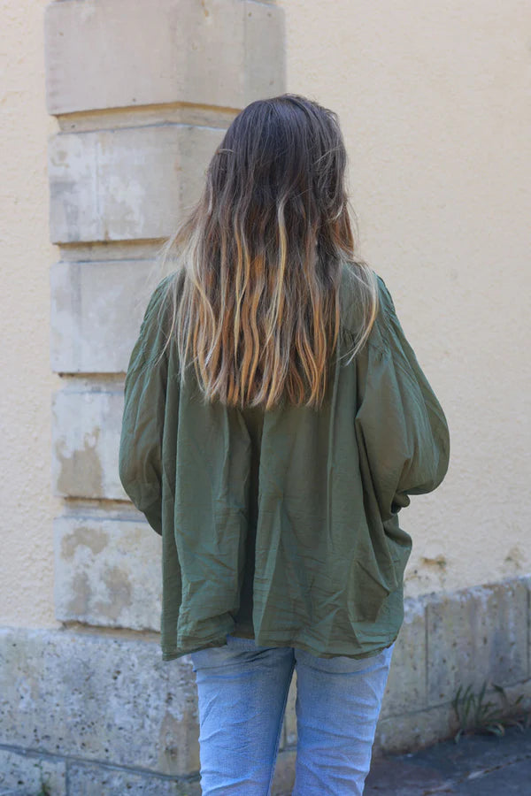 Olive oversized lightweight cotton blouse with palm tree embroidery