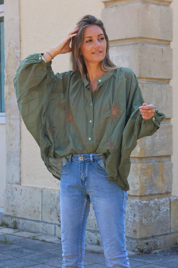 Olive oversized lightweight cotton blouse with palm tree embroidery