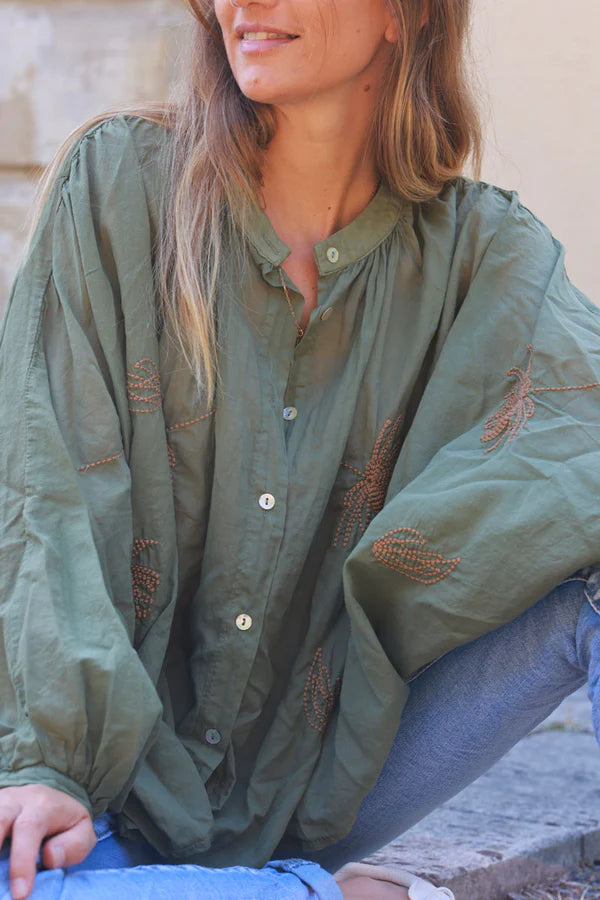 Olive oversized lightweight cotton blouse with palm tree embroidery