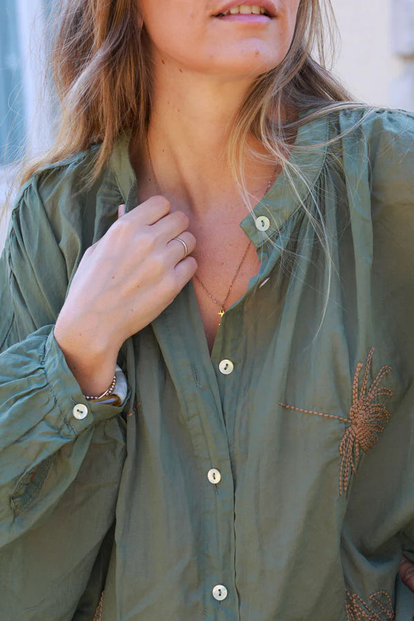 Olive oversized lightweight cotton blouse with palm tree embroidery