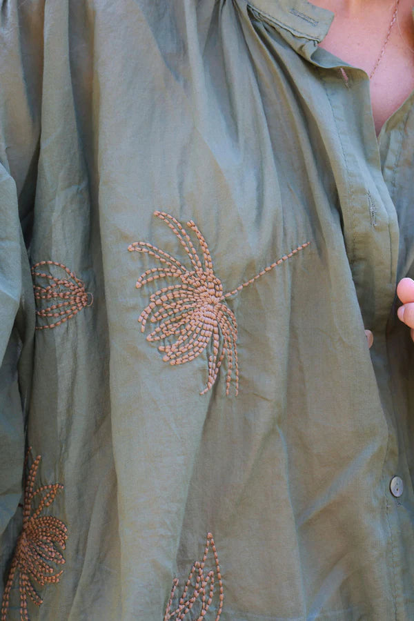 Olive oversized lightweight cotton blouse with palm tree embroidery