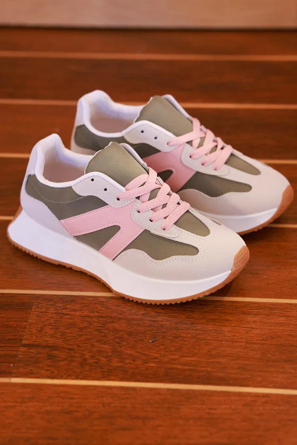 Olive and Pink Sueded Stripe Retro Active Sneakers