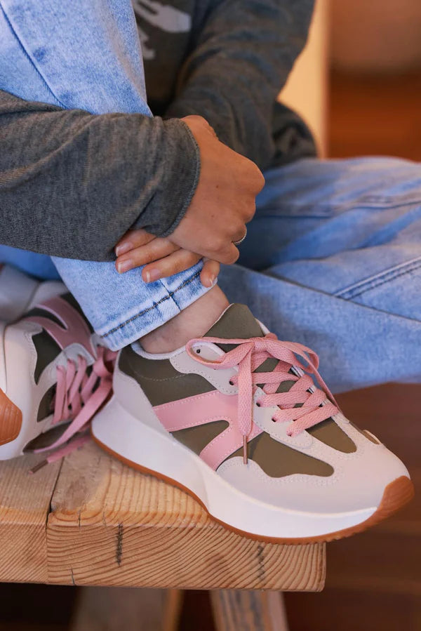 Olive and Pink Sueded Stripe Retro Active Sneakers