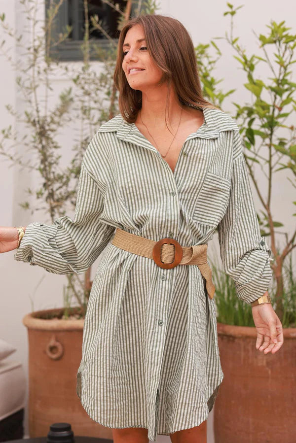 Olive Pinstripe Woven Belted Shirt Dress