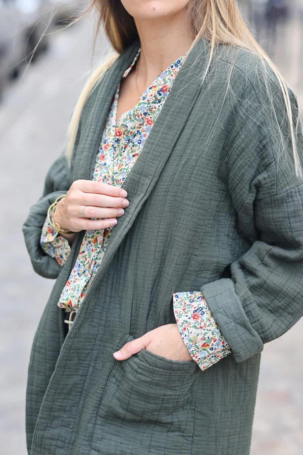 Olive Relaxed Fit Crinkle Cotton Gauze Jacket