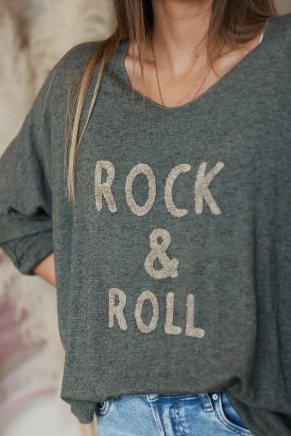 Olive Slub Knit “Rock & Roll” Long Sleeve Tee