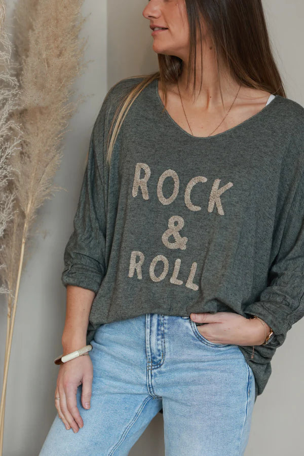 Olive Slub Knit “Rock & Roll” Long Sleeve Tee