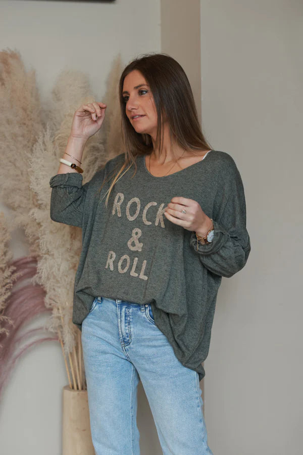 Olive Slub Knit “Rock & Roll” Long Sleeve Tee