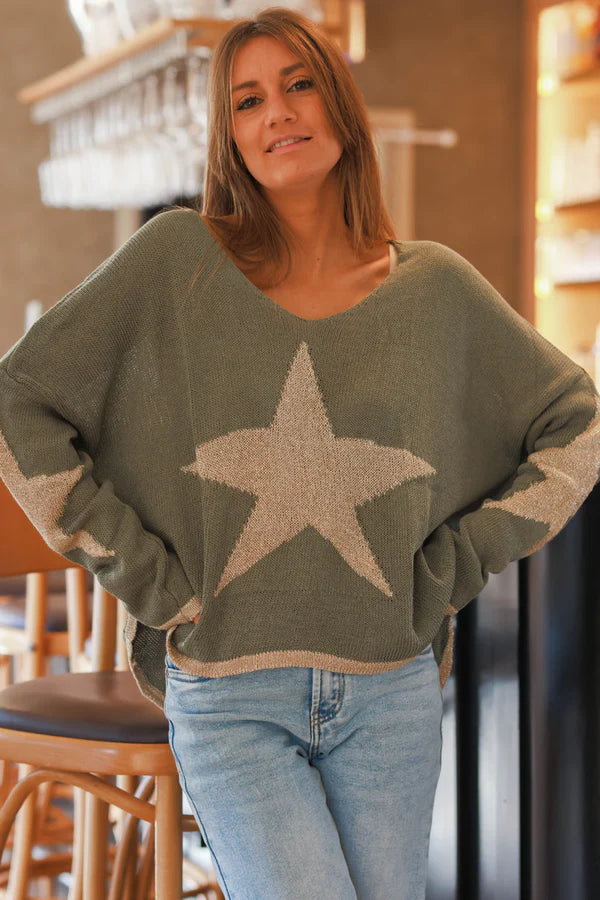 Olive Star Knit Utility Sweater