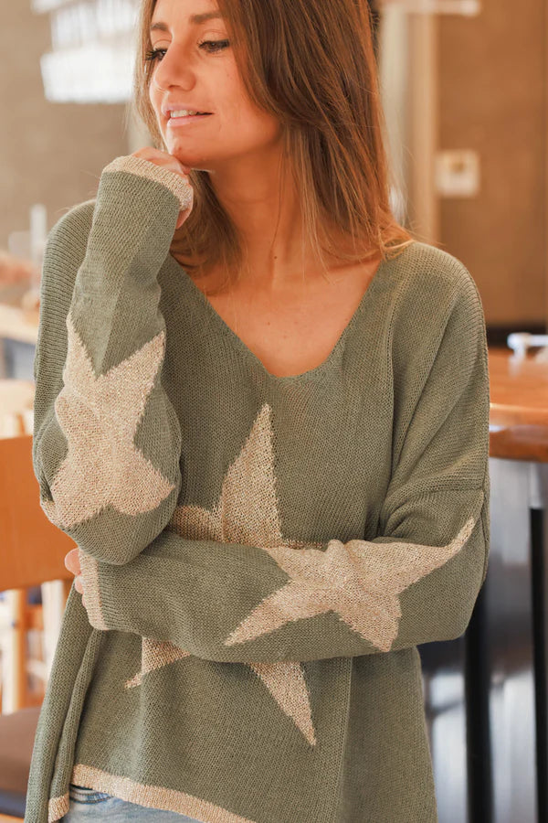 Olive Star Knit Utility Sweater