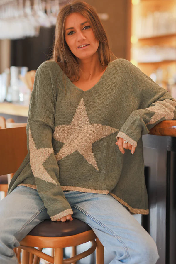 Olive Star Knit Utility Sweater