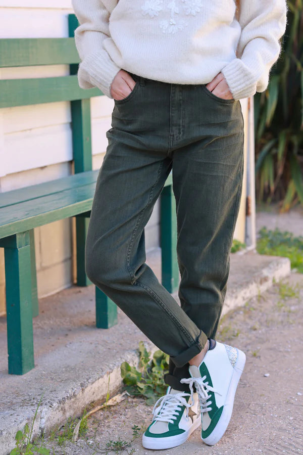 Olive Stretch Denim Straight-Leg Jeans